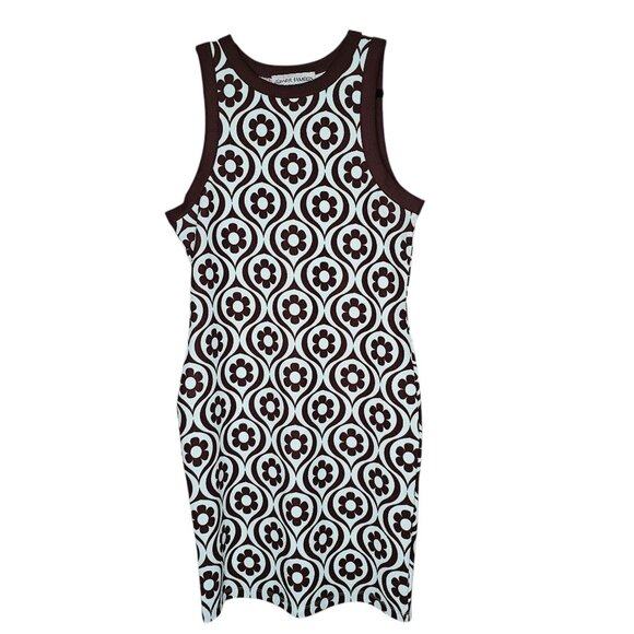 XL Retro Groovy Flower Power Daisy Mini Dress Brown Bodycon Mid Century Modern - Picture 1 of 7